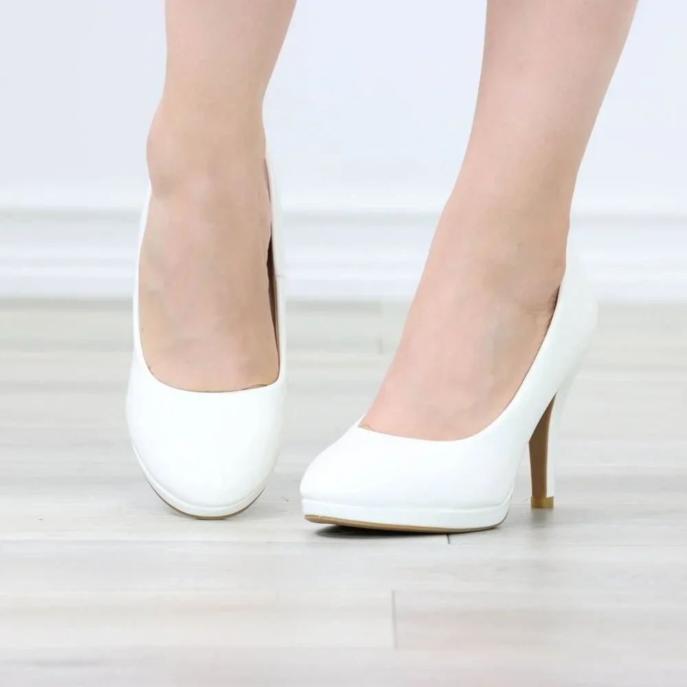 Classic Patent White High Heel Slip On Round Toe Pumps - Picture 12 of 12